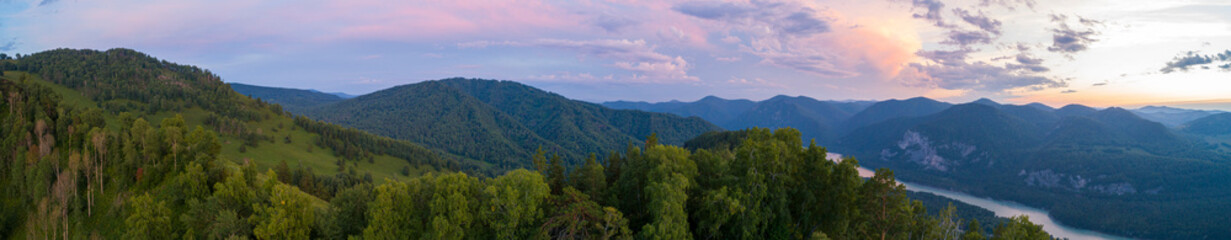 Landscape panorama in Altai mountains, Katun river with sunset, areal view from above