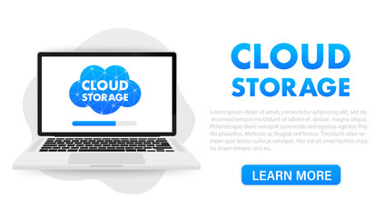 Laptop with cloud storage. The laptop uploads files to the cloud server. Computer technologies, networks and databases, internet center. concept of cloud storage, network. Vector illustration