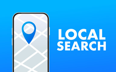 Local search. Red pointer of directions on a folded map of the city, GPS navigation and places of movement on the phone. Vector illustration