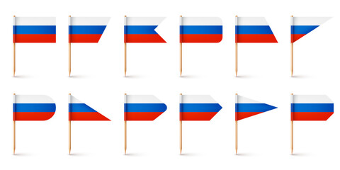 Realistic various Russian toothpick flags. Souvenir from Russia. Wooden toothpicks with paper flag. Location mark, map pointer. Blank mockup for advertising and promotions. Vector illustration