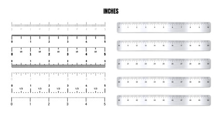 Realistic metal rulers with black inch scale for measuring length or height. Various measurement scales with divisions. Ruler, tape measure marks, size indicators. Vector illustration