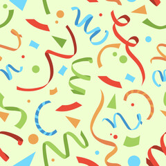 Colorful falling confetti on beige background, seamless carnival pattern. Vector illustration.