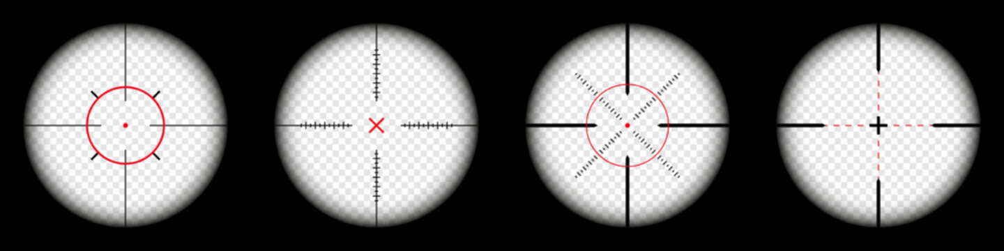Weapon sights, sniper rifle optical scope on black background. Hunting gun viewfinder with crosshair. Aim, shooting mark symbol. Military target sign, silhouette. Game UI element. Vector illustration