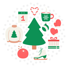 Set of winter and cozy objects. Christmas tree, decorations and gifts. Gloves and sweater. Candy cane in the form of a heart and a tangerine. Skate. Warm drink. Vector illustration
