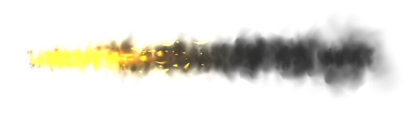 Realistic black smoke with fire, space rocket launch trail. Fire burst, explosion. Missile or bullet trace. Jet aircraft track. Smoke clouds, fog. Steam flow. Vector illustration
