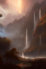 sunrise over the mountains waterfall fantasy wallpaper for smartphone