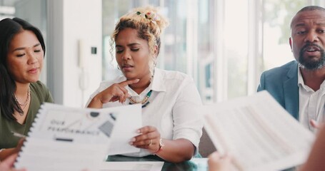 Business people, office meeting and planning while reading schedule, report and finance graph for discussion about budget, growth and development of company. Men and women team talking b2b proposal