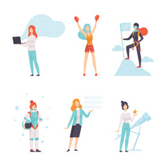 Strong and Confident Woman Engaged in Goal Achievement Vector Set