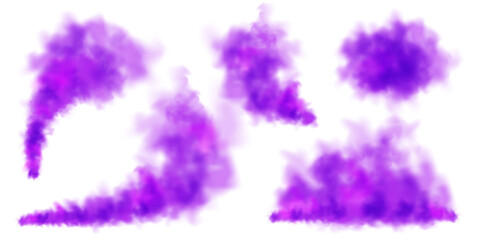 Violet colorful smoke clouds isolated on white background, realistic mist effect, fog. Vapor in the air, steam flow. Vector illustration