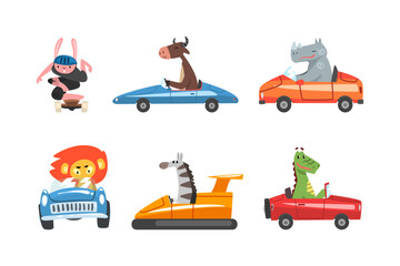 Funny Animal Riding and Driving Different Transport and Vehicle Along the Road Vector Set