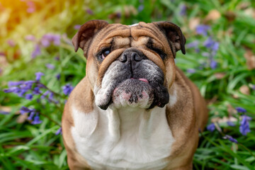 Red English British Bulldog Dog looking up, licking out its tongue and sitting in the bluebells on...
