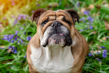 Red English British Bulldog Dog looking up, licking out its tongue and sitting in the bluebells on spring hot sunny day