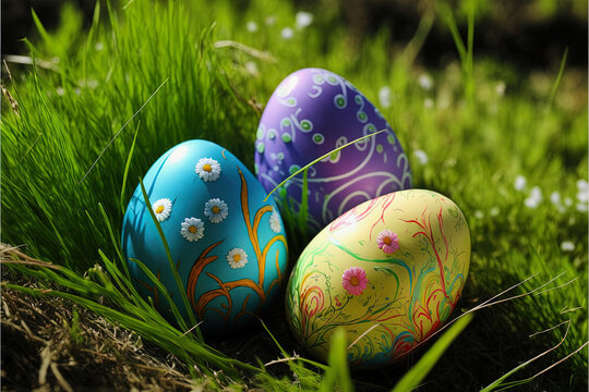 ai midjourney illustration of decorated easter eggs on a green meadow