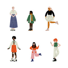 Young Diverse Woman Standing Loving Their Body and Appearance as Self Acceptance Vector Set