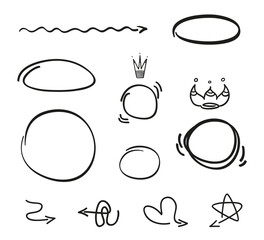 Black infographic elements on isolated white background. Hand drawn simple doodles. Set of different sketchy objects. Black and white illustration