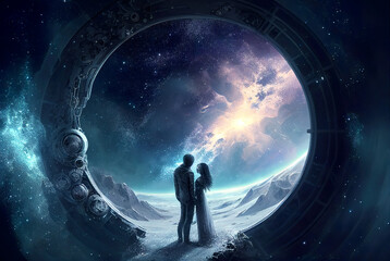 You are my universe, cosmic love in a galaxy, couple standing in a portal opening into the cosmos, eternal true love, romance, illustration, generated art, ai, generative ai - obrazy, fototapety, plakaty