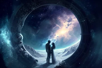 Foto op Canvas You are my universe, cosmic love in a galaxy, couple standing in a portal opening into the cosmos, eternal true love, romance, illustration, generated art, ai, generative ai © Caphira Lescante