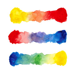 Watercolor of the rainbow spectrum. Watercolor spots of the main colors of red, yellow and blue, color mixing, highlighted on a white background for drawing lessons and presentation of how additional 