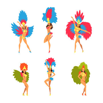 Bright Brazilian Female Samba Dancer Posing in Feathered Costume Vector Set