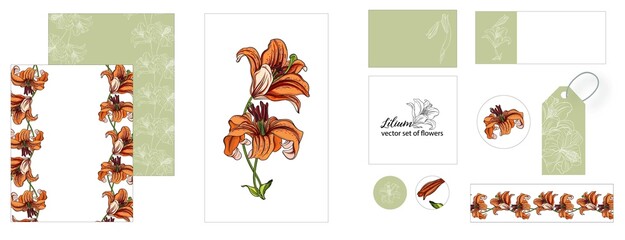 set of postcards with Lily flowers. exotic, romantic, isolated, vintage