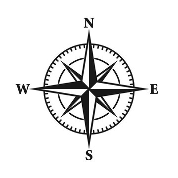 Vintage marine wind rose, nautical chart. Monochrome navigational compass with cardinal directions of North, East, South, West. Geographical position, cartography and navigation. Vector illustration.