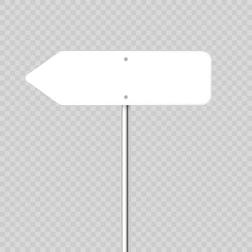 Road, traffic sign. Highway signboard on a chrome metal pole. Blank white board with place for text. Directional signage and wayfinder. Information sign mockup. Vector illustration.