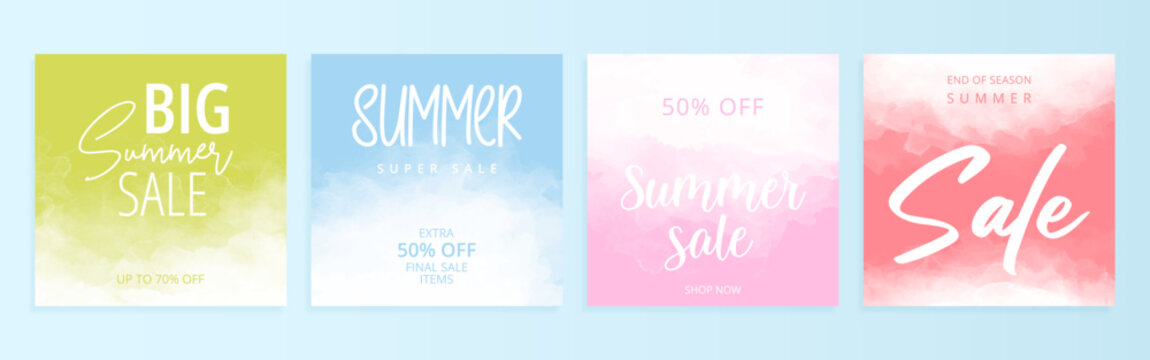 Summer sale watercolor templates. Colorful banners for social media post design, mobile app, internet ads.