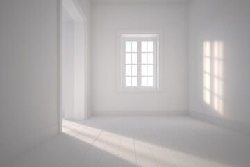 Beautiful empty room plenty of space, with soft light coming in from a window on a sunny day, ready to be furnished.  Interior design, furnishing concept.  Clay style rendering  