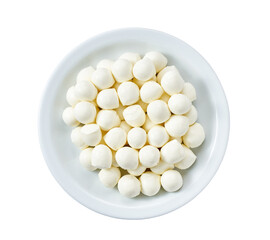 Ceramic plate with baby mozzarella cheese balls isolated on white background, top view.