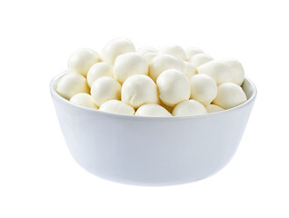 Ceramic bowl with mini mozzarella cheese balls isolated on white background.