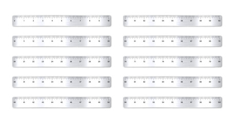 Realistic various brushed metal rulers with measurement scale and divisions, measure marks. School ruler, inch scale for length measuring. Office supplies. Vector illustration
