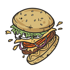 Burger with meat, cheese and vegetable for design of logo or emblem. American fast food or hamburger for label or poster. USA food with bun, lettuce, cheese, tomato, onion, cutlet for store
