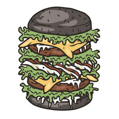 Burger with meat, cheese and vegetable for design of logo or emblem. American fast food or hamburger for label or poster. USA food with bun, lettuce, cheese, tomato, onion, cutlet for store