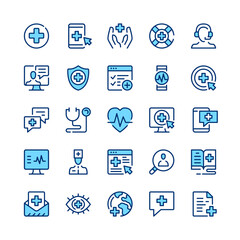 Digital health line icons. Blue color. Vector line icons set