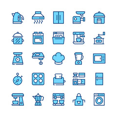 Kitchen appliances line icons. Blue color. Vector line icons set