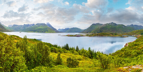 Fototapeta na wymiar Lofoten fjord and mountains summer cloudy landscape, Norway. Panorama.