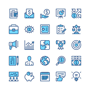 Business line icons. Blue color. Vector line icons set