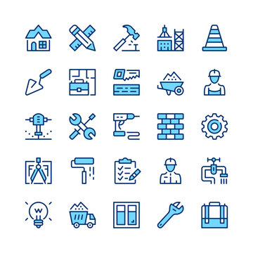 Construction line icons. Blue color. Vector line icons set