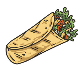 Burrito vector with meat and vegetable for design of logo or emblem. Traditional mexican fast food. Burritos latin food with tortilla, leaves lettuce, cheese, tomato, forcemeat, sauce