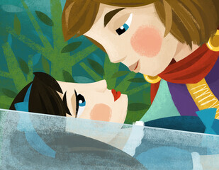 cartoon scene with prince and princess kissing illustration