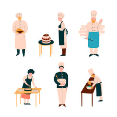 Chef Character in Apron and Toque Preparing Food at Restaurant Kitchen Vector Set