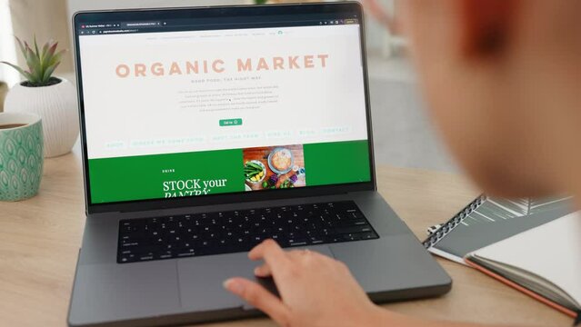 Organic market, food and online shopping on laptop at home for groceries. Winter recipes, ecommerce and woman scrolling for grocery products to restock on website, internet store or virtual shop.