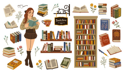 Book store elements. Cute bibliophile girl with book in hands, student reads, brain workout, literary works, stack of vintage textbook, bookshelf and cabinet, tidy vector cartoon set - obrazy, fototapety, plakaty