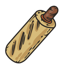 French hot dog with sausage and sauce for label or banner. Sausage in a bun with ketchup and mustard for fast food. Vector hotdog for design of street food