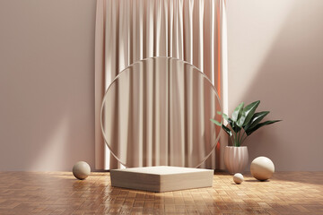 Fototapeta na wymiar 3D rendering platform podium with plant and curtain product presentation background