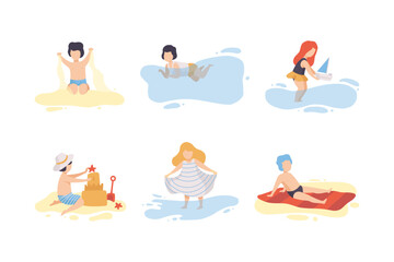 Little Boy and Girl Having Vacation at Sea Splashing in Water and Having Fun Vector Set