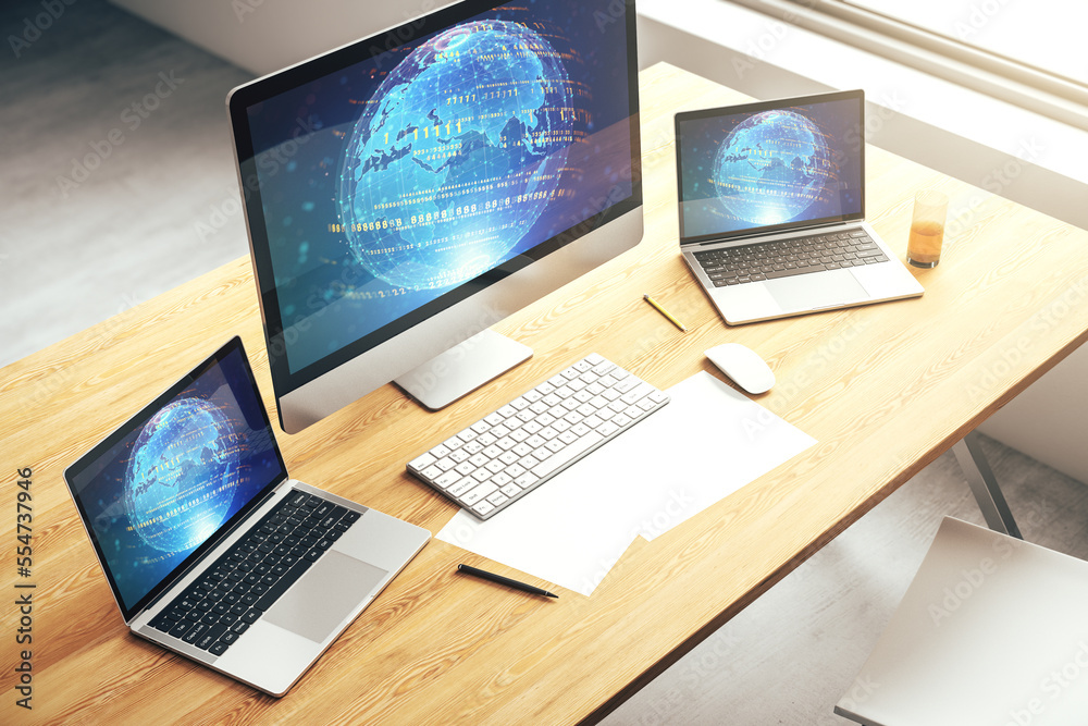 Poster modern computer display with abstract programming language hologram and world map, artificial intell