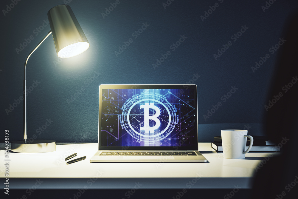 Poster Modern computer display with creative Bitcoin symbol hologram. Mining and blockchain concept. 3D Rendering