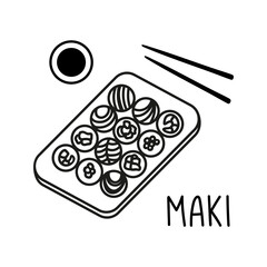 Japanese sushi roll in hand drawn doodle style. Asian food for restaurants menu