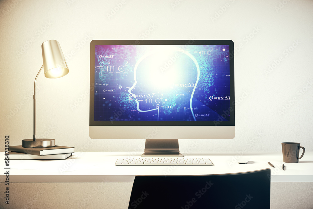 Aufkleber Creative artificial Intelligence concept with human head sketch on modern computer monitor. 3D Rendering